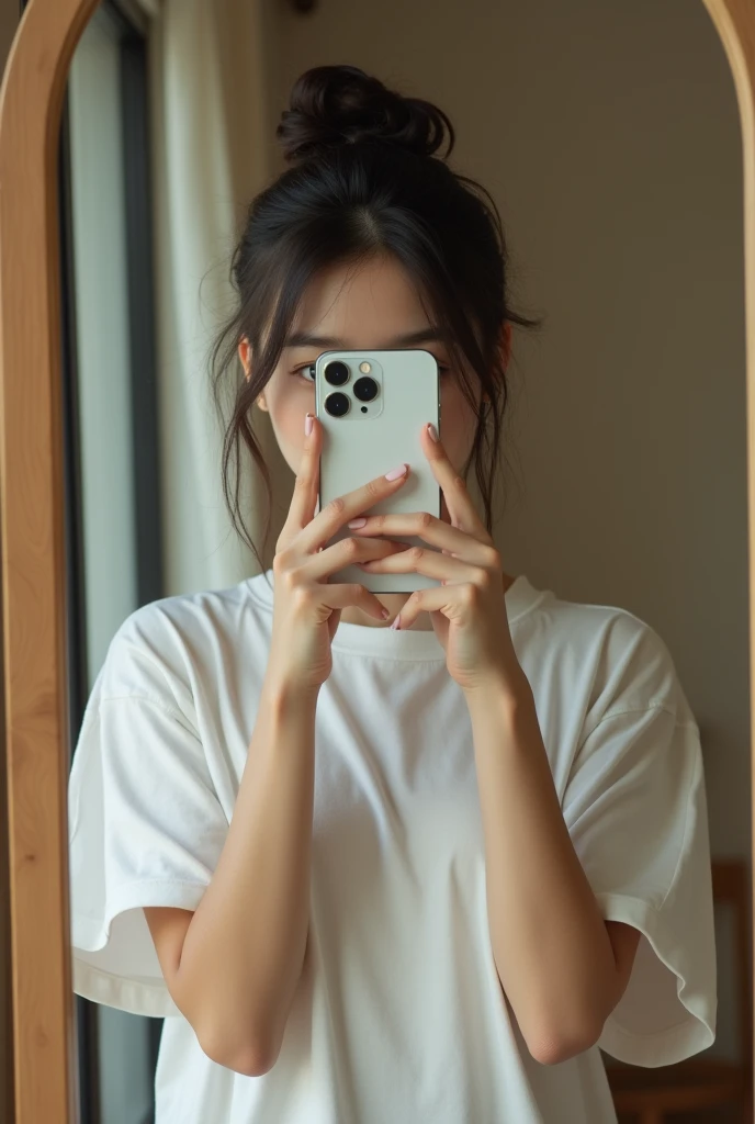 Woman taking a selfie in the mirror、Bun Hairstyle,The iPhone 12 Pro hides his entire face、I can't see your face、Beautiful woman、Full Body Shot、Wearing a t-shirt, japanese