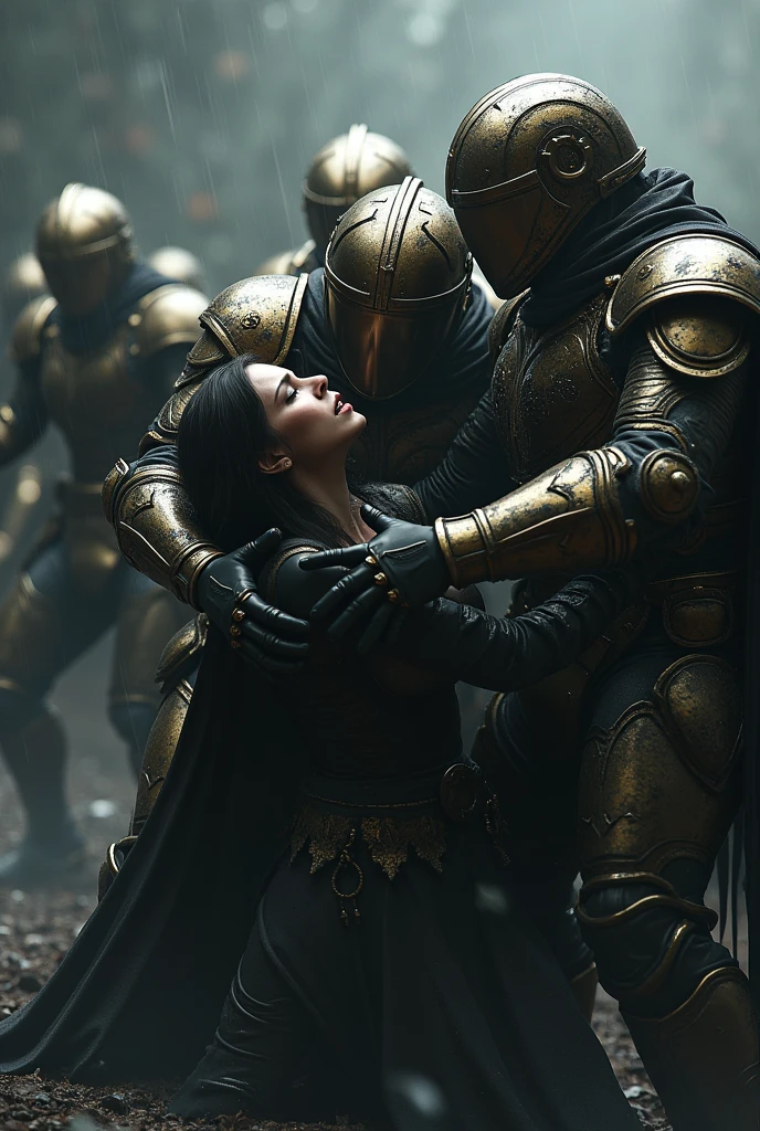 extremely detailed,hyper realistic, 1 group of heavily armored futuristic soldiers in black and gold armor, dark fantasy, 1 woman cowering on the ground, soldiers violently assaulting and overpowering the woman, gritty, dramatic lighting, cinematic composition, dark and gloomy atmosphere, intricate details, muted color palette, high contrast, intense emotions, masterpiece