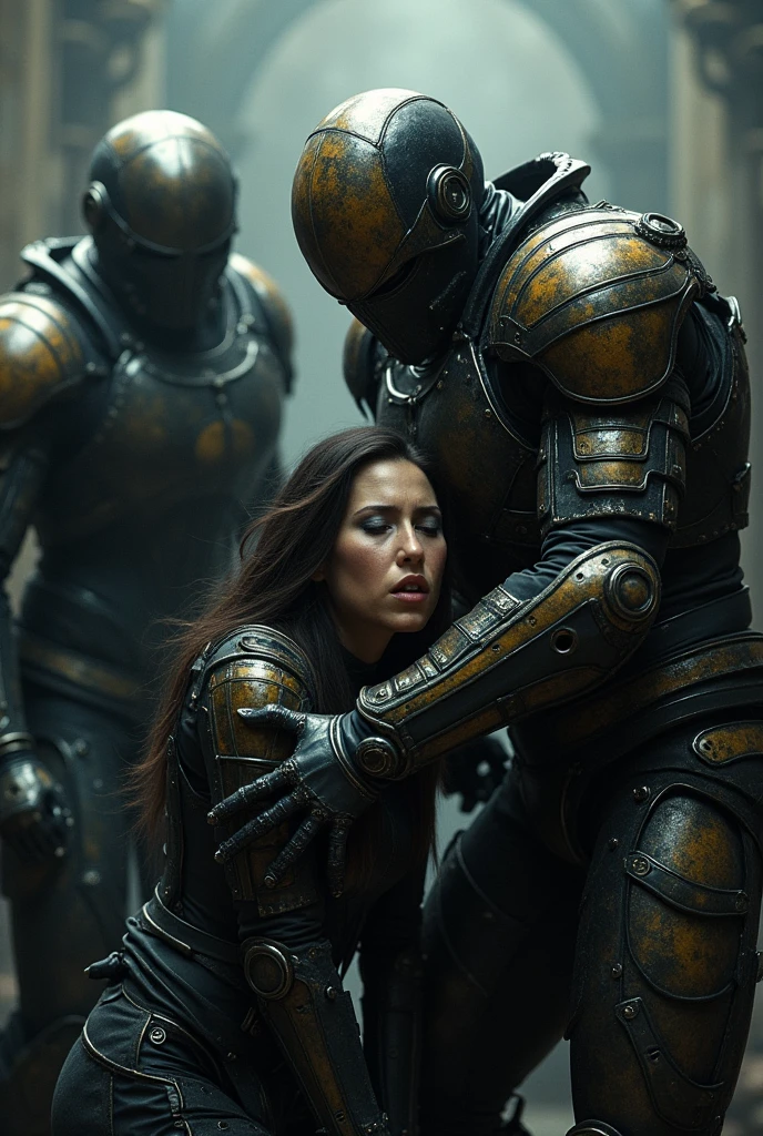 extremely detailed,hyper realistic, 1 group of heavily armored futuristic soldiers in black and gold armor, dark fantasy, 1 woman cowering on the ground, soldiers violently assaulting and overpowering the woman, gritty, dramatic lighting, cinematic composition, dark and gloomy atmosphere, intricate details, muted color palette, high contrast, intense emotions, masterpiece