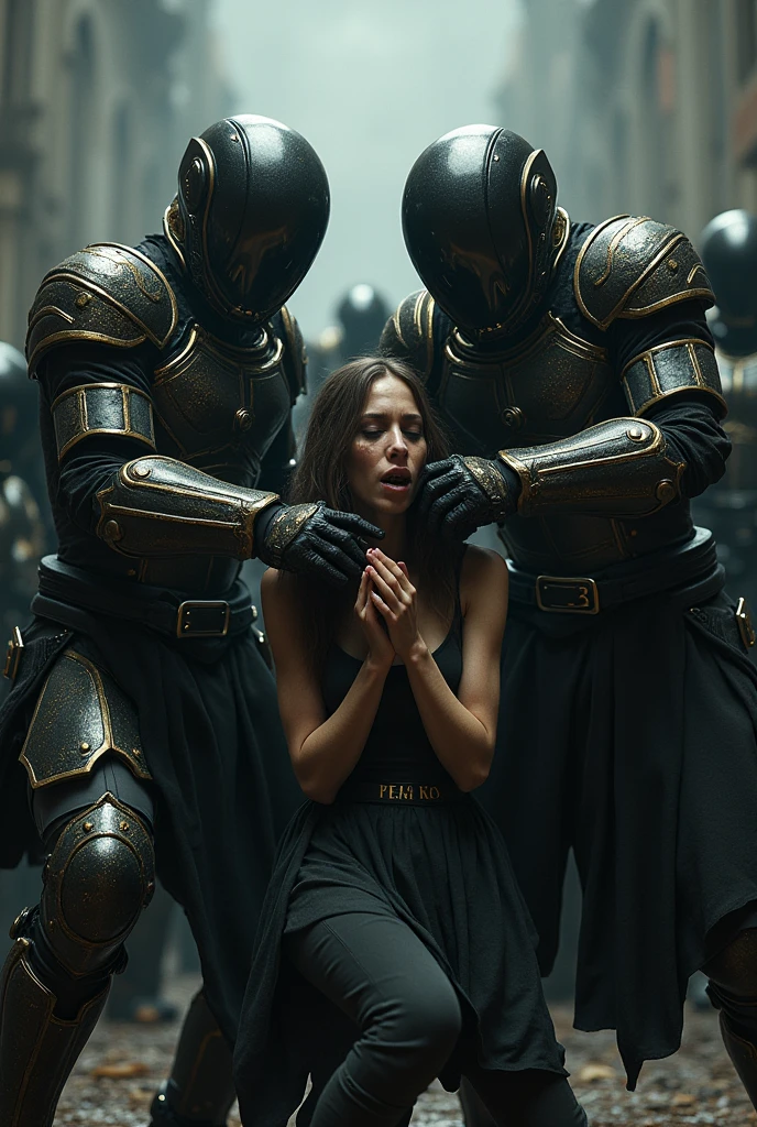 extremely detailed,hyper realistic, 1 group of heavily armored futuristic soldiers in black and gold armor, dark fantasy, 1 woman cowering on the ground, soldiers violently assaulting and overpowering the woman, gritty, dramatic lighting, cinematic composition, dark and gloomy atmosphere, intricate details, muted color palette, high contrast, intense emotions, masterpiece
