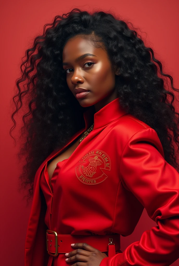Long curly beautiful teen Kenyan woman. Hero outfit color Red. She wears a jacket but as heroic outfit. Heroic HANDS logo in the outfit
