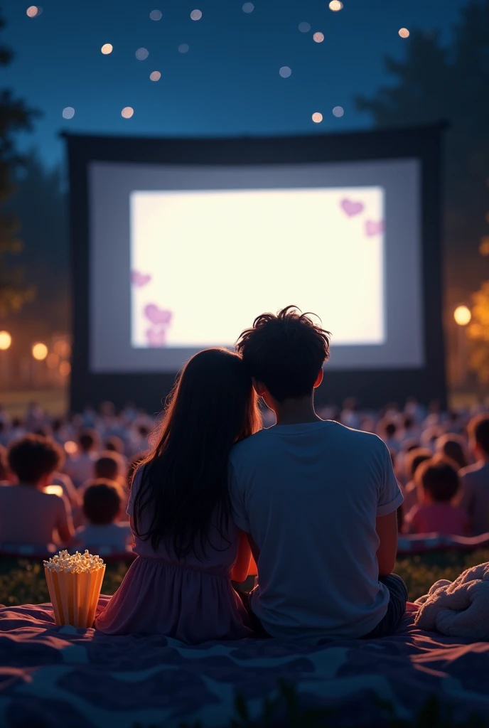 A girl and a boy are watching a movie at the night cinema 