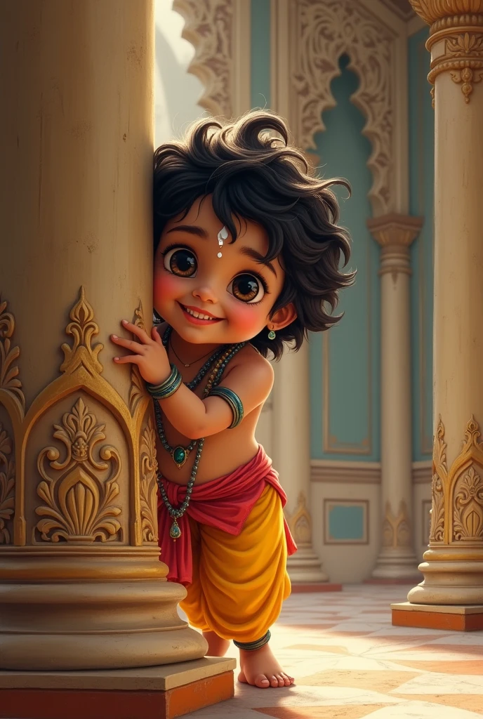 Kid Krishna peeking from behind pillar in palace