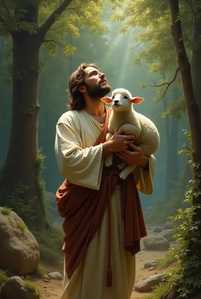 SHEEP ON JESUS'S SHOULDERS ,lost in the forest, JESUS LOOKING TO HEAVEN WITH THANKSGIVING