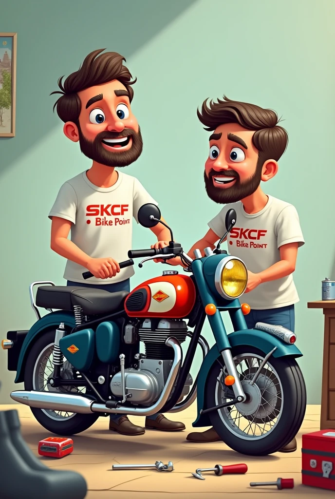 Two mens with a t Shirt written skcf bike point in a royan Enfield
bike cartoonised image
With repairing tools