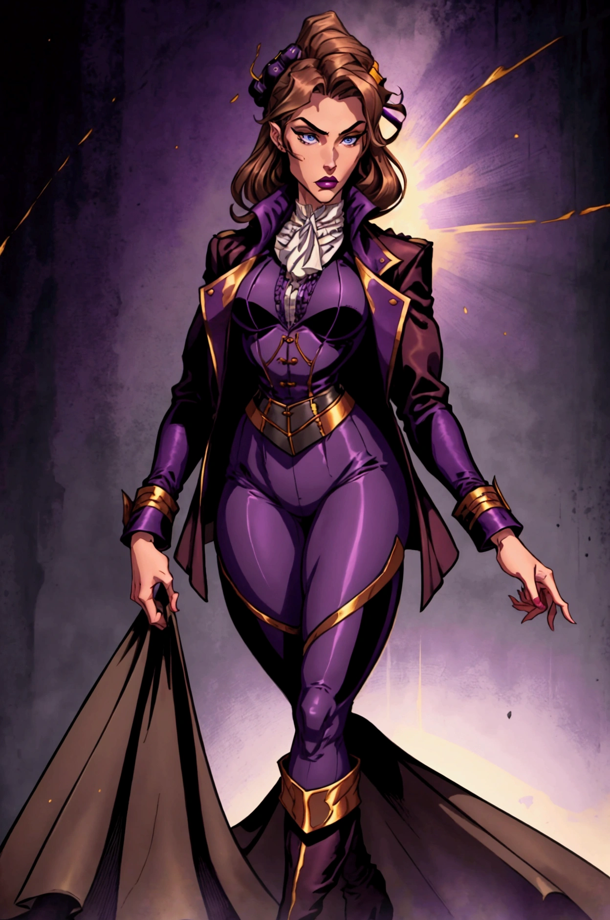 Pale and tall man, Appears to be 30-3.long light brown hair with golden highlights, Thin gray-blue eyes with dark purple eyeshadow and noticeably high cheekbones. His clothes are in Victorian style, old, Long dark burgundy jacket with lavender lining and gold pins on the folded cuffs. Under his jacket he has a purple vest over a white ruffled shirt, Wearing classic purple trousers, In dark blue knee-high boots and gloves of the same color.