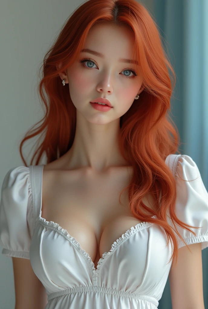 (high resolution, 8k, photorealistic, hyper detailed, masterpiece, exquisite, vivid colors, perfect composition, intricate details,Best Quality, 8K, Masterpiece: 1.2, Photorealistic: 1.37, HDR, UHD), A Very Cute ager, Extremely Shy Face, Sweet, Tender and Innocent, Long Wavy Red Hair, Cute Blue Eyes, Erotic Nurse Costume with Mini Skirt, (EXTREMELY HUGE BREASTS),photorealistic, wide cleavage,image of a full-body woman,BREASTS 3D,image 3D,3D woman, extremely detailed breasts, extremely detailed face, beautiful detailed eyes, beautiful detailed lips, long eyelashes, detailed facial features, highly detailed skin, realistic skin pores, realistic hair strands, ultra-realistic 3D rendering, high-quality 3D model, photorealistic, hyper-detailed, intricate details, EXTREMELY PROFILED IRIS AND PUPIL. IRIS AND PUPIL PERFECTLY DETAILED AND COLORED. EXTREMELY CONTOURED BREASTS. PERFECTLY DETAILED BREASTS. REALISTIC BREASTS.Focus on breasts and face,beautiful ultra detailed natural breasts, extremely shaped breasts, breasts move/bounce naturally