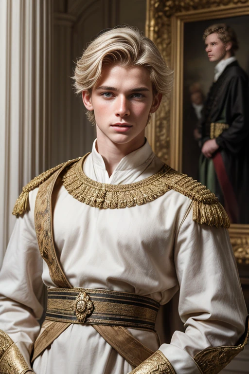 Portrait of handsome blond boy, English lord, English lord clothes, blond hair, very handsome, royal court, royalty, baroque, elegance, 2, blue eyes, artistic portrait, handsome boy, European boy, white man, elegant, beautiful face, symmetrical, 1boy