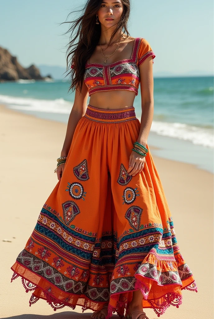 Create a costume sketch (a one-piece pants based on the typical skirt clothing of Mexico) more whole