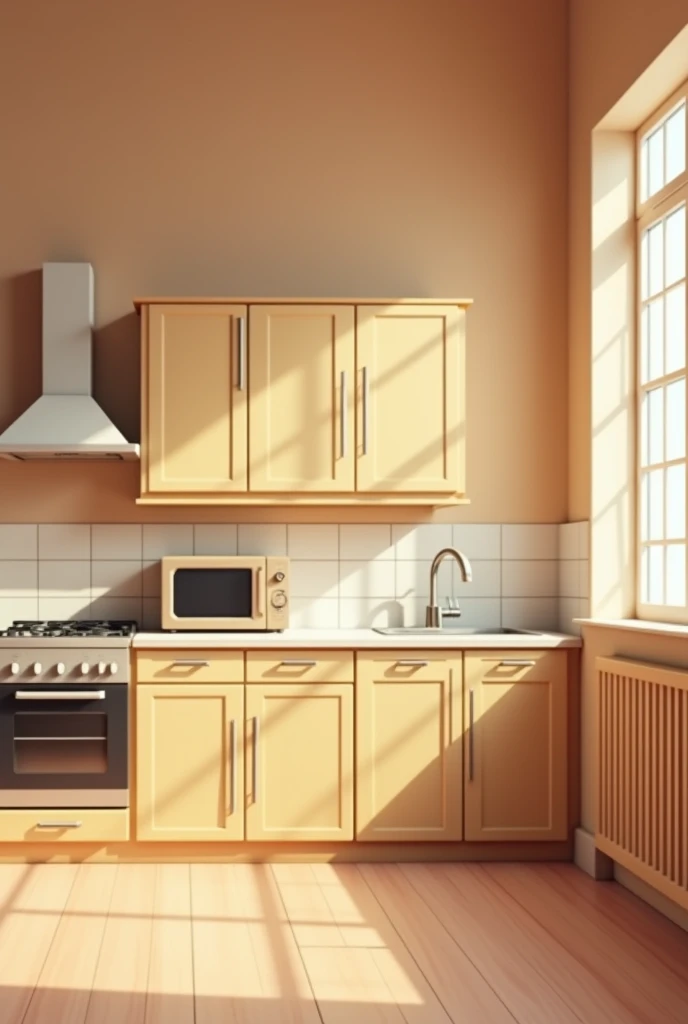 Traditional kitchen on the right, extractor fan and microwave same height, cupboard, tap on the right and power outlet all together linear