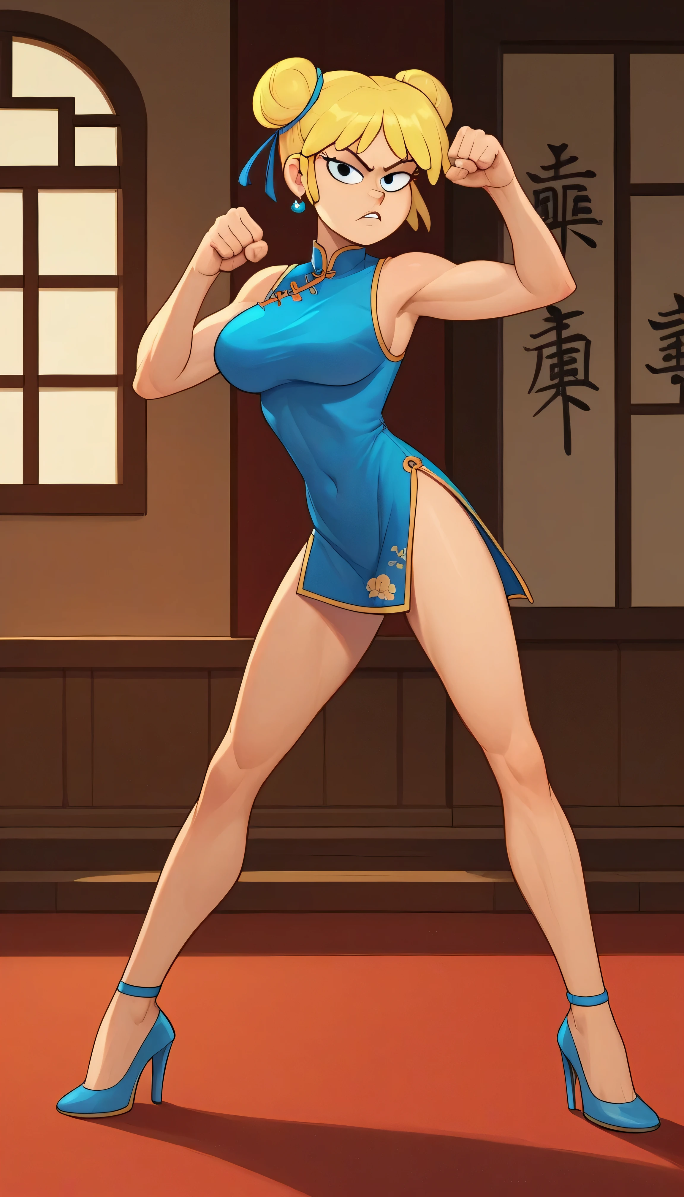 lori loud, 1girl, solo, 24yo girl, blue cheongsam,  inside of a chinese style temple, large breasts, looking at viewer, blonde hair, short hair, two hair buns , hands  score_9, score_8_up, score_7_up, high heels,teep fighting stance,martial arts