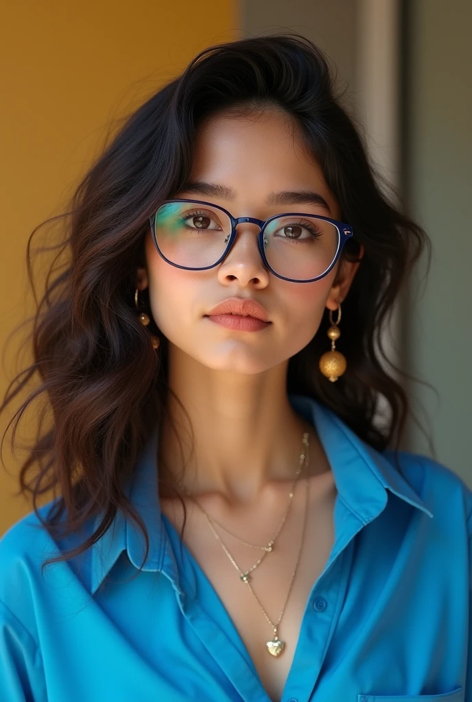 Teenager with dark brown hair, colombian, capul divided into two, light brown, small dreams/medium, dressed in a blue blouse, with earrings and glasses