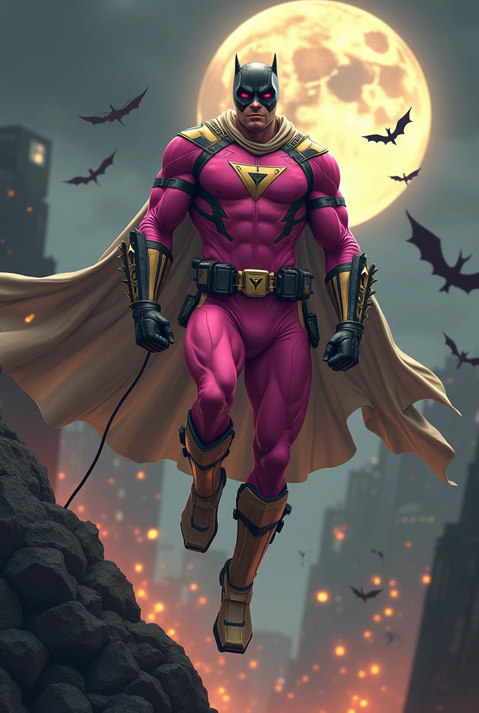 Malaysia man in high-tech suit, vivid effects, malaysian superhero (KELUANG MAN) in a striking pink and brown beige costume cyberpunk design((, mask small mini bat ear beige,)) daredevil beige mask, jumpsuit dark pink stands confidently in a dramatic.jumping from high place.hero costume.one hand rise up. (Big triangle logo on the chest.high detail Punisher logo on the chest)). Fighting pose , stormy landscape. ((Head covered node guard like batman. Running pose , athletic body type, small mini ear bat mask))The character wears domino mask a helmet with pointed mini torn ears and a flowing cape biege, open nose and mouth. Equipped with visible futuristic weapons on a belt,bullet proof jacket pink dark day.show fingers pose, dark night, big supermoon effect . Small logo on chest triangle shape small punisher logo center triangle cyber logo center on chest pink logo mini logo . rocky. Building top.smoke ground , bomb effect background, losse pants, losses costume.adding to --ar 3:4 --style raw --stylize 500 --v 6.1. chaos. Lot of small flying bat. One leg on the high stone. Man. Backpack . Real man age 40 year old. One hand holding belt.one hand holding black rope hanging on building
