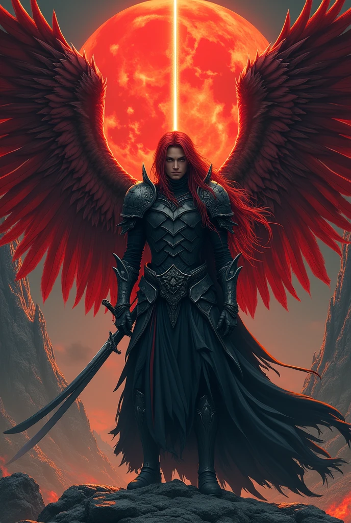 Male warrior angel with matte dark gray colored armor clothes and red wings and long straight red hair, very apocalyptic rock background, and red moon next to a volcano in Japanese manga style, young, very masculine face with bright eyes, not too strong and with a metallic gray sword .
And a golden ray behind your image near the moon