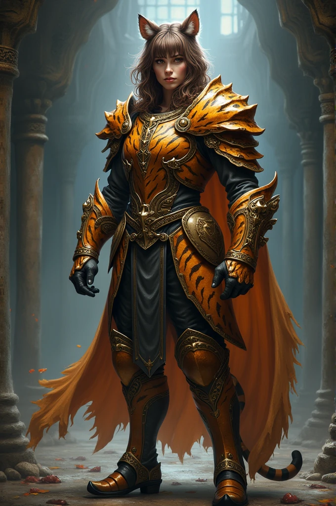 Medium brown haired cleric wearing tiger armor, with tiger ears and high heels