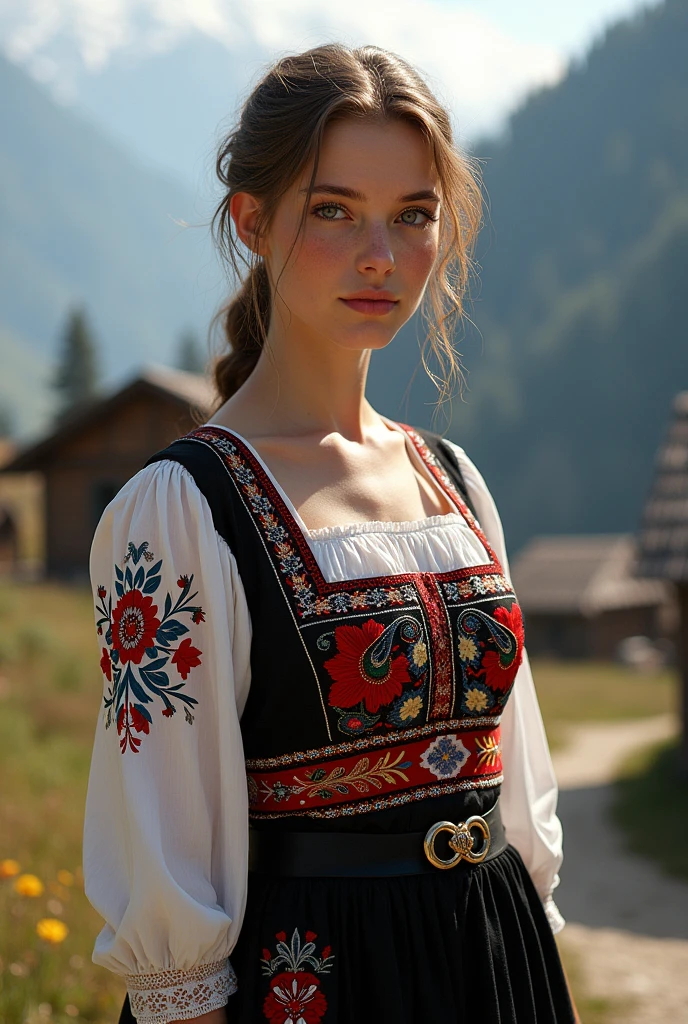 Young Ukrainian woman standing, wearing Ukrainian national costume, vishyvanka, embroidered shirt, the huts fantasy, Ukrainian ornament, black and red ukrainian embroidery ornament, day time, mountain village, calm and cold, body detailed, face detailed, marvelous, ultra realistic, enchanting, cute, body hair