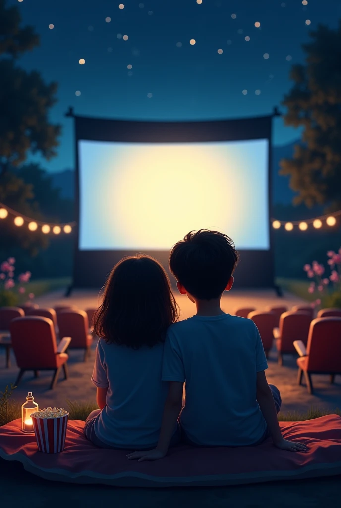 A girl and a boy are watching a movie at the night cinema