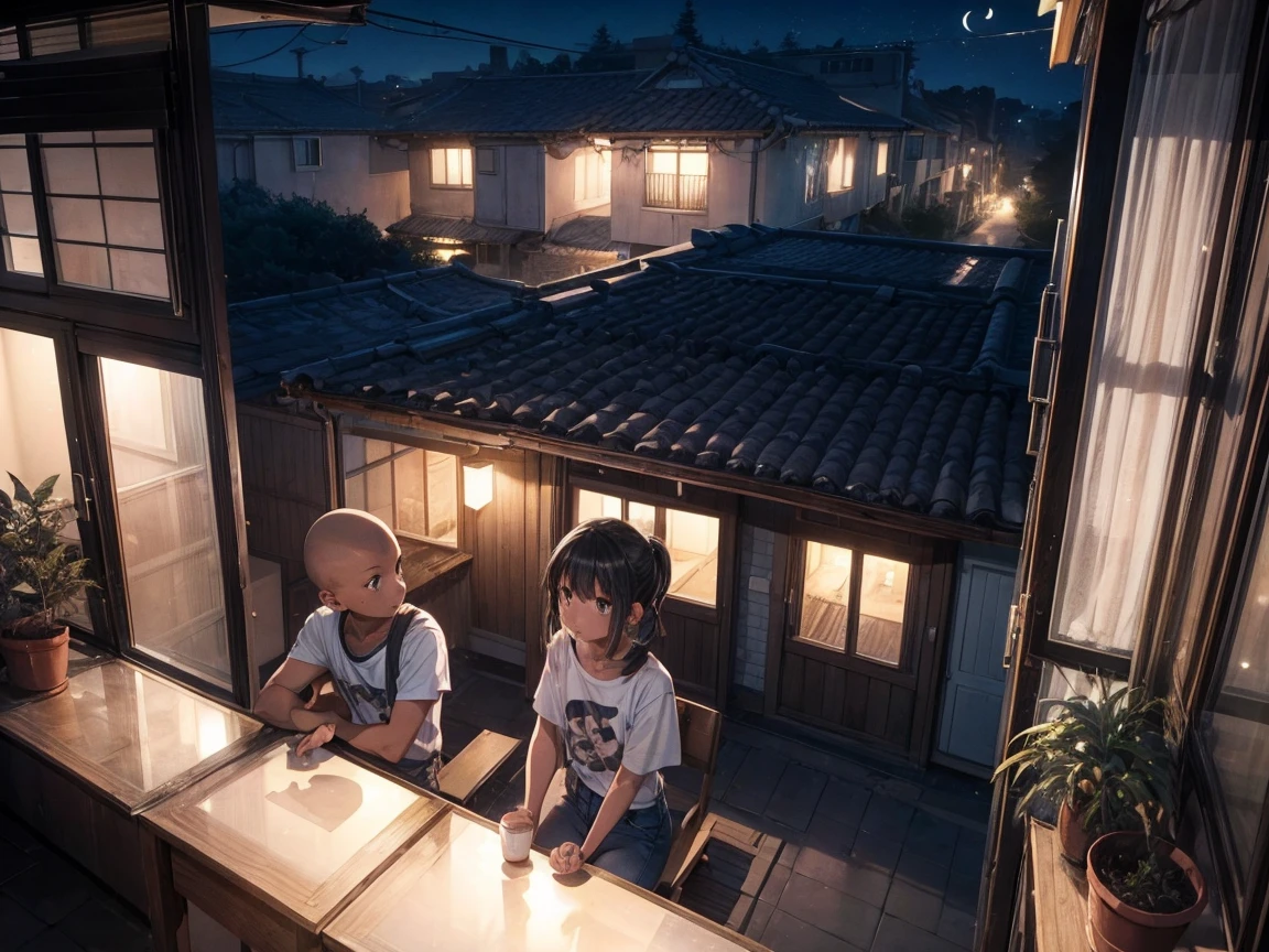 night shot, moon light, 1boy 1 girl, wearing t shirt and jeans, boy with bald head, girl with ponytail, sitting in foldable chairs facing each other, in a balcony. dual coloured sky, moon, wes anderson style, far shot, potted plants in balcony, forest silhoutte in background, far view