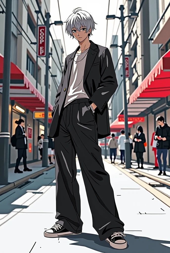 ((masterpiece)), (((best quality))), chromatic lighting,
colorized, white + black limited color palette, 
detailed concept drawing,
Shibuya street fashion guy, no weird object on his face,
portrait, 25yo 1guy, slender, wide pants, short white hair, black eyes, posing