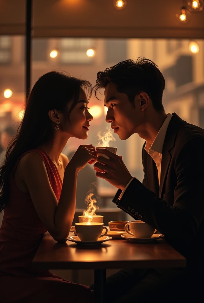 Dark image of a pretty young Korean woman and handsome Korean CEO chatting socially in a cafe