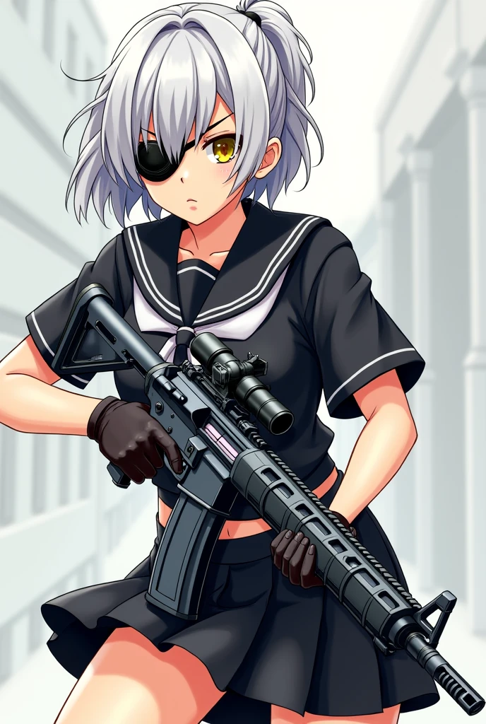 Medium height White short ponytail anime girl Determine yellow eye color with black eye patch wearing black sailor school uniform, short skirt, tactical gloves while holding a futuristic assault rifle. Manga art style