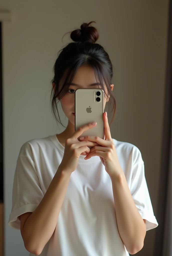 Woman taking a selfie in the mirror、Bun Hairstyle,The iPhone 12 Pro hides his entire face、I can't see your face、Beautiful woman、Full Body Shot、Wearing a t-shirt, japanese