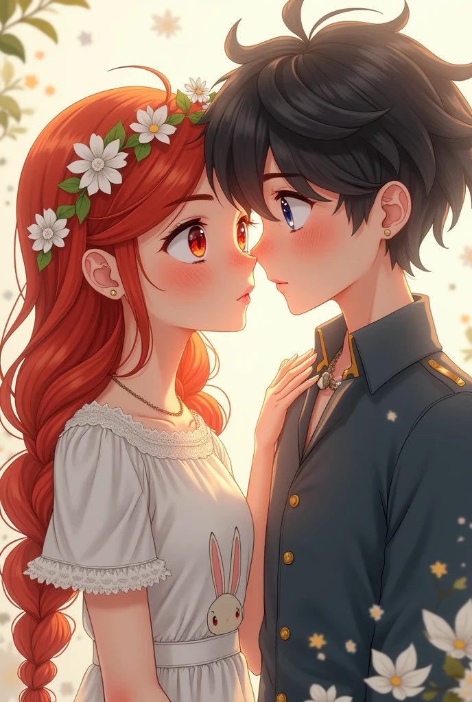 2d drawing of redhead teenager with waist-length braided hair, with white lolita dress with lace and bunny print. sweet face, Red pupils and soft freckles with a crown of white flowers.

and next to him an attractive white-skinned gentleman, layered black hair and light blue eyes, The one who wears a school uniform is overprotective and takes care of him.
