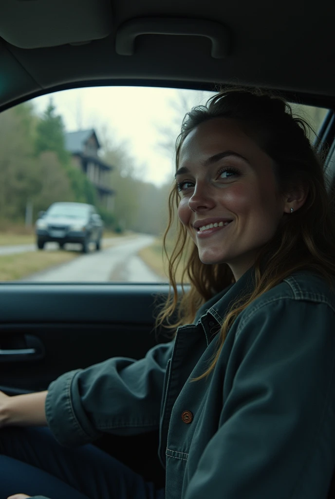 "Create an image featuring a person in the driver’s seat of a car, displaying a look of exhilaration or relief, as if they’ve just successfully escaped. The person should be looking over their shoulder with a sense of urgency, suggesting they’re aware of a recent close call. The car should be shown in motion, with blurred surroundings to emphasize speed and the successful escape. The background can include a distant view of an old, spooky house or ominous figures fading away, enhancing the sense of having just narrowly escaped a dangerous situation."