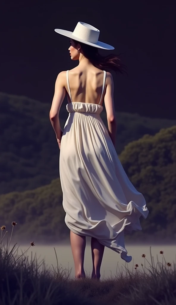 a woman from the back, wearing white dress, white hat, sunlit field, golden hour, cinematic lighting, beautiful detailed face, beautiful detailed eyes,beautiful detailed lips,extremely detailed eyes and face, longeyelashes, delicate facial features, serene expression, soft glowing skin, flowing white dress, detailed texture, intricate folds, wispy fabric, gentle breeze, lush green grass, rolling hills, picturesque landscape, dramatic lighting, warm color palette, rich tones, depth of field, photorealistic, (best quality,4k,8k,highres,masterpiece:1.2),ultra-detailed,(realistic,photorealistic,photo-realistic:1.37)