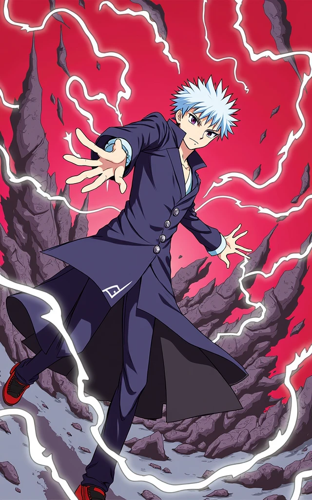 Make an art in this style of the character Killua Hunter x Hunter