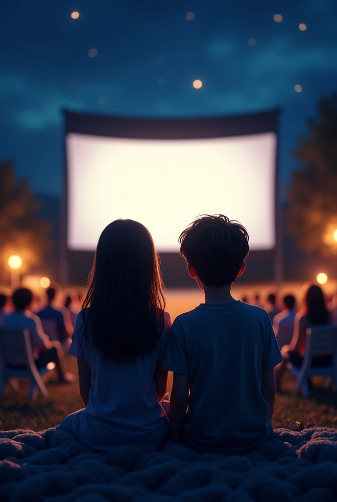 A girl and a boy are watching a movie at the night cinema