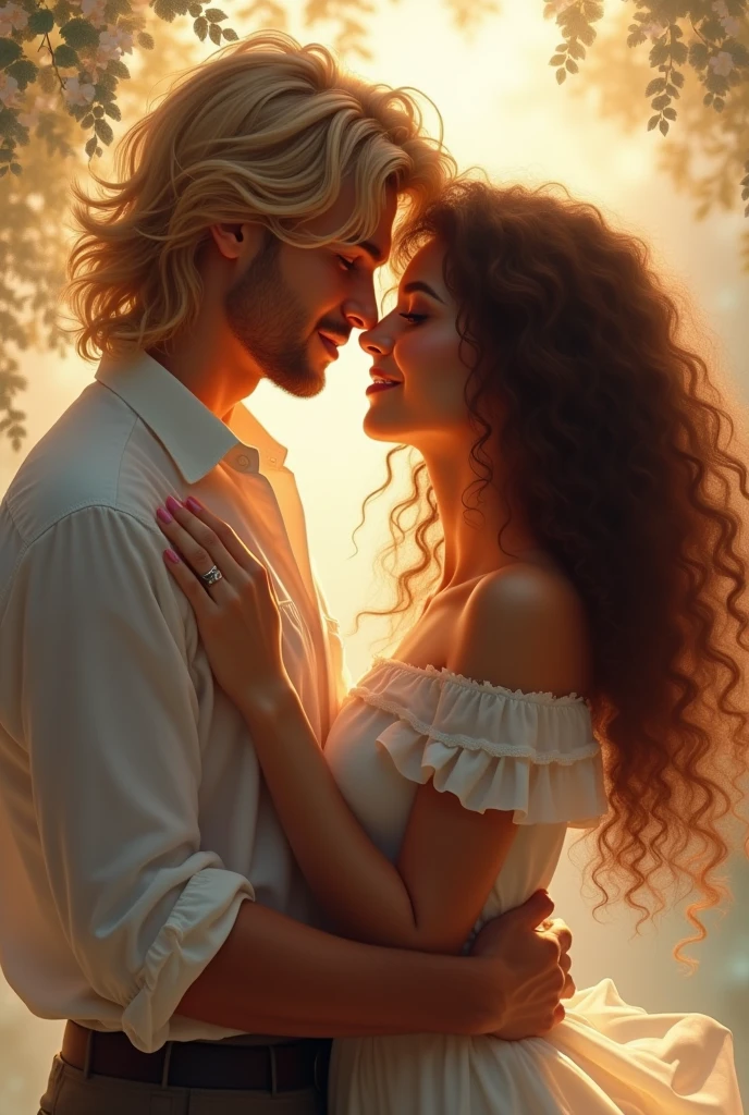 A man with blond hair and a woman with curly hair hugging each other looking into each other&#39;s eyes 
