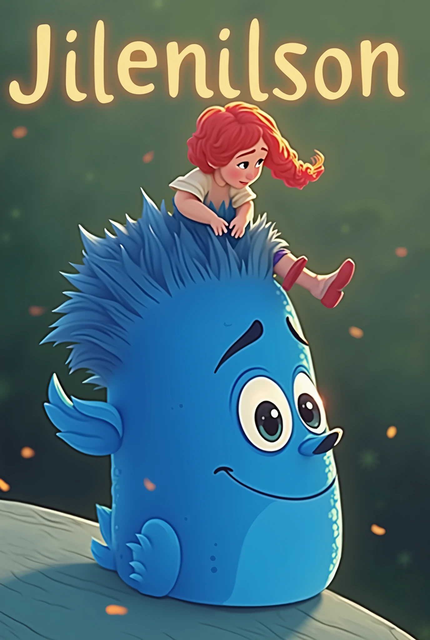 Disney pixar text style,.man is white Jilenilson text, hairs 
