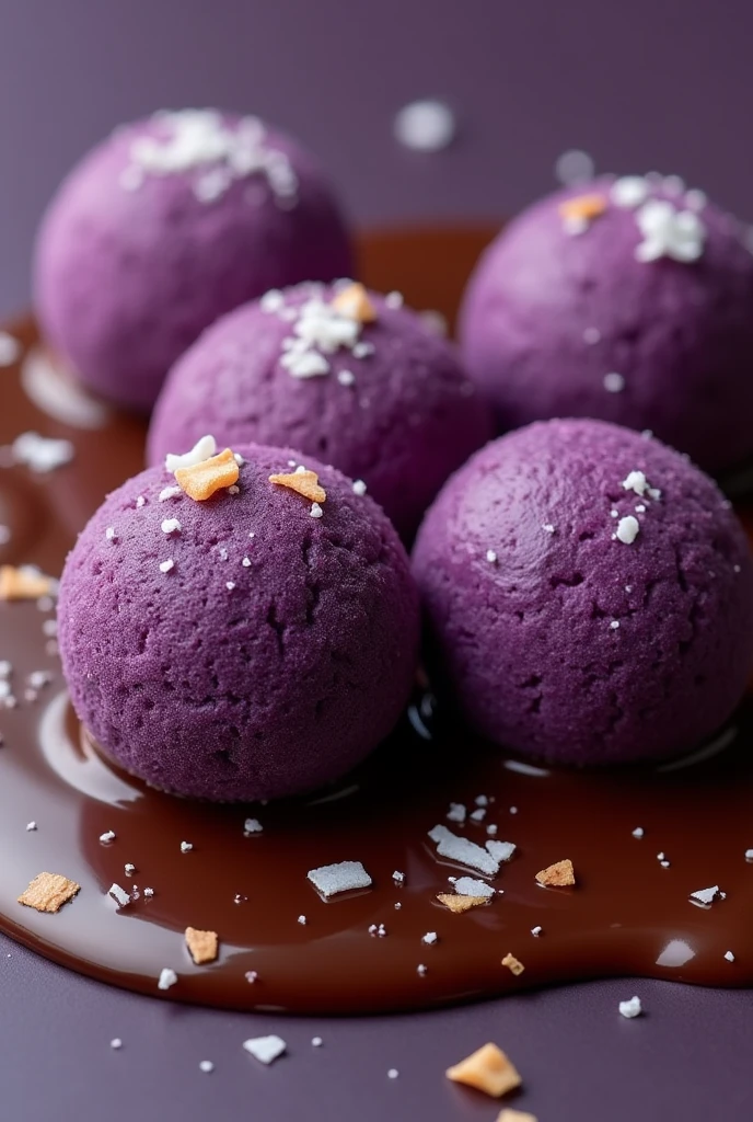 GIVE ME A BACKGROUND THAT ALIGN IN UBE BALLS WITH MOLTEN CHOCOLATE