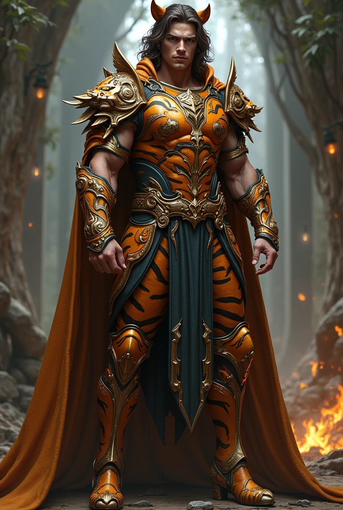 Cleric Man with medium brown hair wearing sexy tiger armor, with tiger ears and high heels