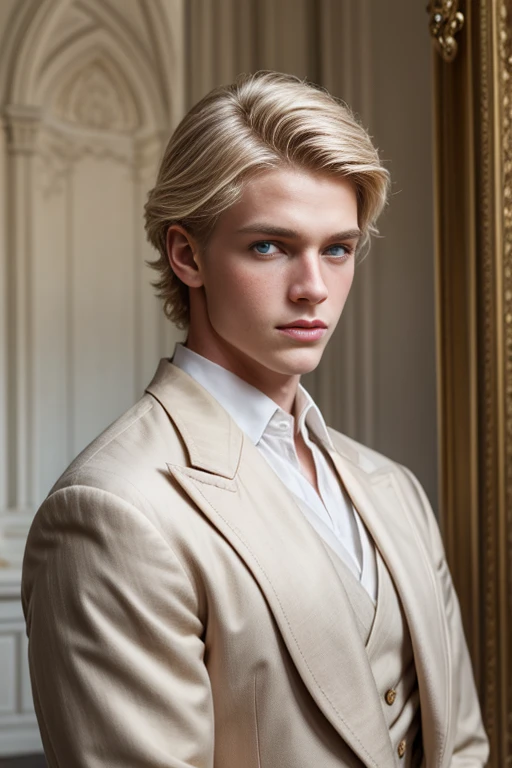 Portrait of handsome blond boy, English lord, English lord clothes, blond hair, very handsome, royal court, royalty, baroque, elegance, 2, blue eyes, artistic portrait, handsome boy, European boy, white man, elegant, beautiful face, symmetrical, 1boy