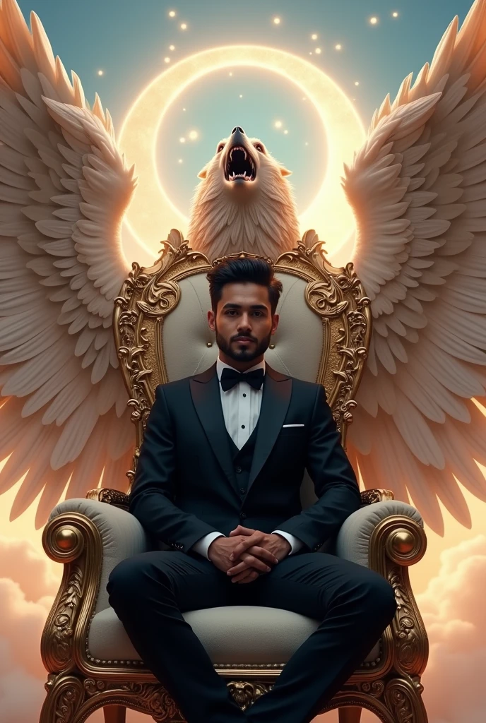 Generate a more powerful and majestic chair, like an angel's throne.
a grand, ornate chair with a open mouth black grey dangerous wolf's head,with also big eagle wings,clouds, and halos. The chair is adorned with shimmering gold and silver accents, and its seat is made of the finest velvet. The back of the chair rises like a crescent moon,with delicate feathers etched into its surface. The chair seems to glow with a soft, ethereal light, as if it's been kissed by the divine.and the chair is also white and upper of the chair write big white font name SYED SAIFULLAH
The cute boy 2,SYED SAIFULLAH, sits regally in this magnificent chair, his all-black suit a striking contrast to the chair's celestial beauty. His eyes shine bright, and his smile radiates confidence and charm.