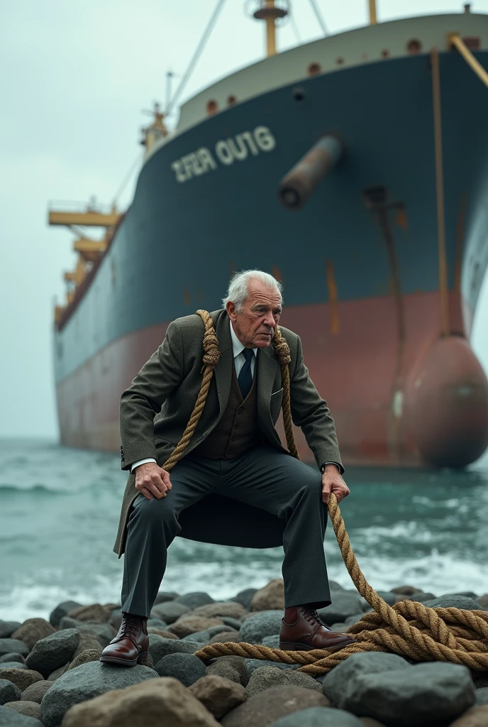 An aged businessman with coat and suit
pulling a full cargo ship from sea with rope on shoulders