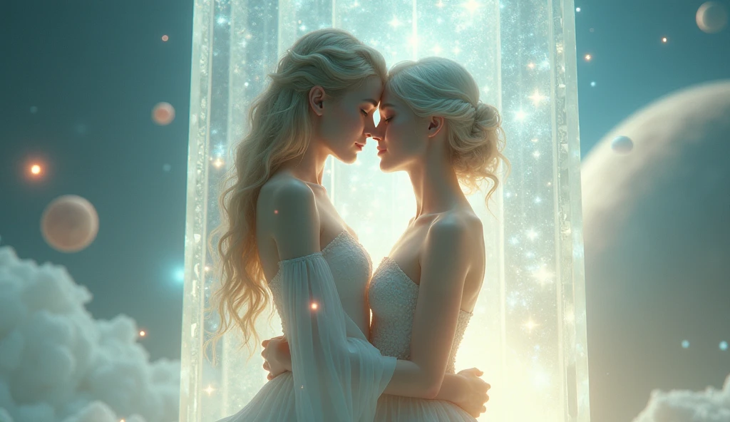 1 ethereal person, 1 physical person, tender encounter, crystal tower, planets, quartz, detailed faces, beautiful eyes, delicate skin, elegant pose, dreamlike atmosphere, soft lighting, pastel colors, cinematic, intricate details, photorealistic, 8k, high resolution, masterpiece, concept art