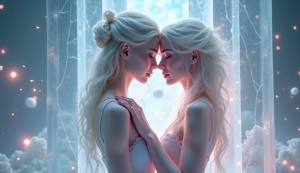 1 ethereal person, 1 physical person, tender encounter, crystal tower, planets, quartz, detailed faces, beautiful eyes, delicate skin, elegant pose, dreamlike atmosphere, soft lighting, pastel colors, cinematic, intricate details, photorealistic, 8k, high resolution, masterpiece, concept art