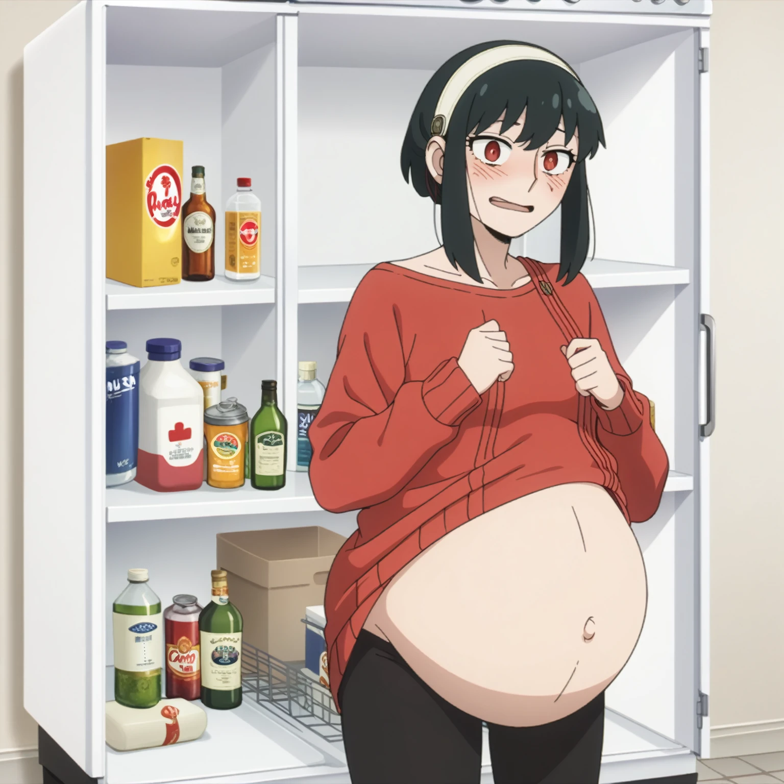 I look at the viewer, One, yorforger,1 girl, ((medium breast)), ((belly stuffed)), ((huge belly)), ((Very drunk)), ((staggers)), black hair, Red eyes, short hair with long strands, white hair band, from the shoulder, ((red sweater)), black tights, ((drank too much)), ((exhausted)), ((excited)), ((in front of the refrigerator)), ((Outdoor refrigerator)), ((lean on the fridge)),