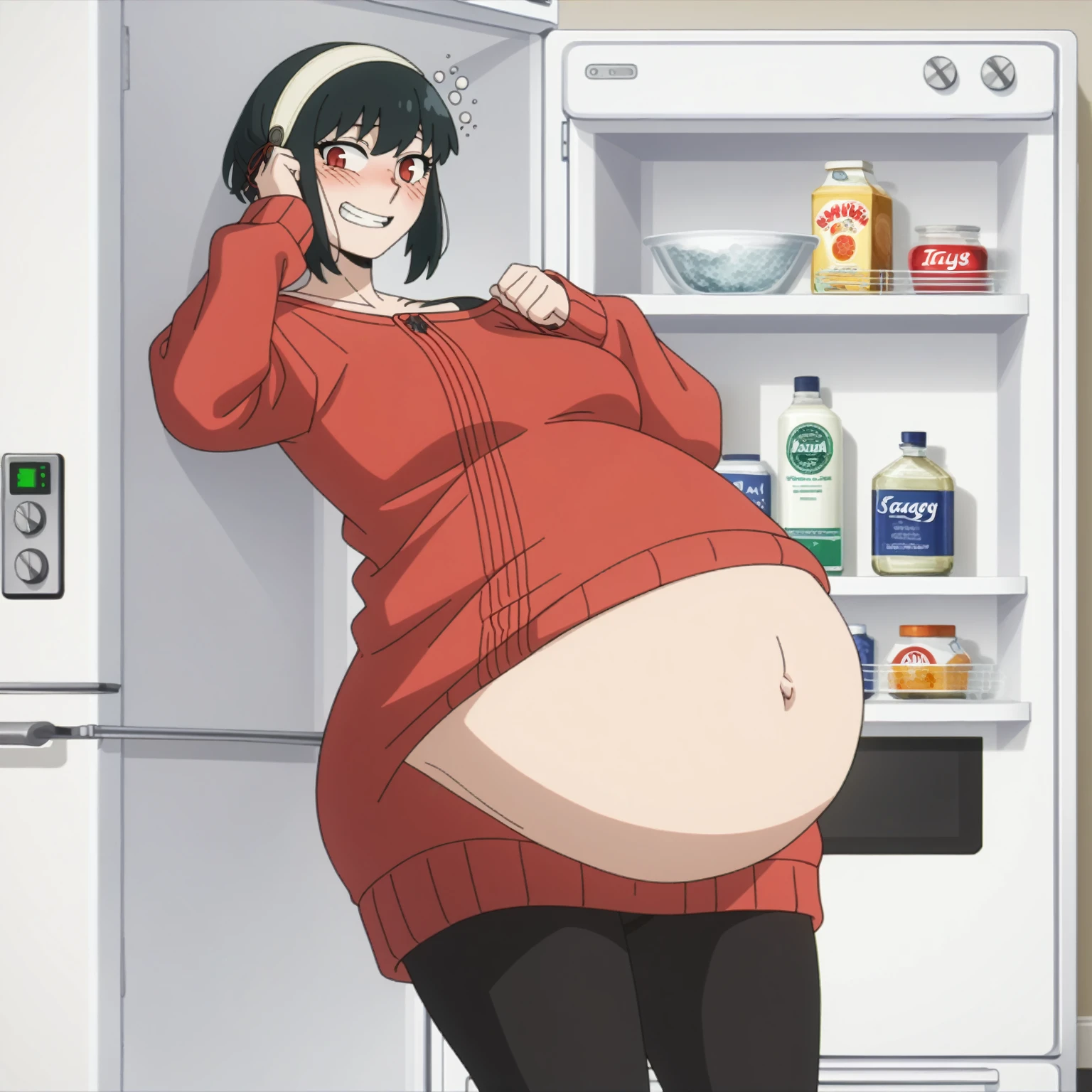 I look at the viewer, One, yorforger,1 girl, ((medium breast)), ((belly stuffed)), ((huge belly)), ((Very drunk)), ((staggers)), black hair, Red eyes, short hair with long strands, white hair band, from the shoulder, ((red sweater)), black tights, ((drank too much)), ((exhausted)), ((excited)), ((in front of the refrigerator)), ((Outdoor refrigerator)), ((lean on the fridge)),