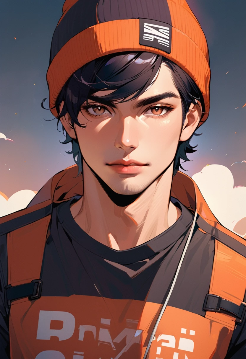 flat Design, 1man, solo, short hair, black hair, clothes writing, brown eyes, looking at viewer, beanie, lips, upper body, closed mouth, shirt, manly