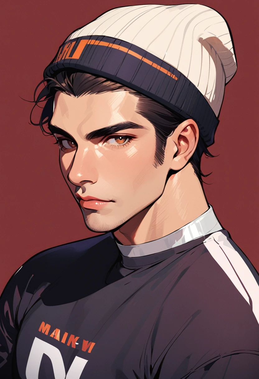 flat Design, 1man, solo, short hair, black hair, clothes writing, brown eyes, looking at viewer, beanie, lips, upper body, closed mouth, shirt, manly