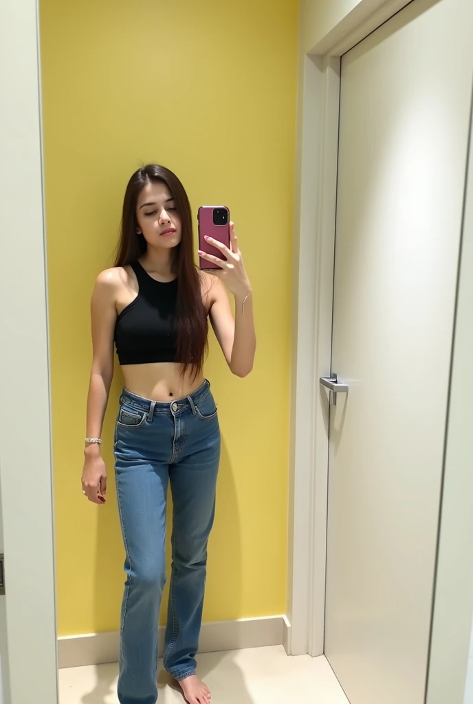 20 years old cute indian girl , long hair , mesomorph body , 25% fat body , black bra , sexy and hot , big boobs , deep cleavage , sexy navel , sexy belly , short blue jeans , taking mirror selfie