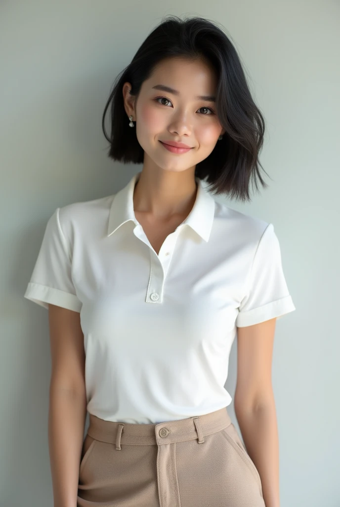 woman、2、Black Hair、Very Short Hair、skinny、White polo shirt、Her chest is a D cup、smile、whole body、Asian Face