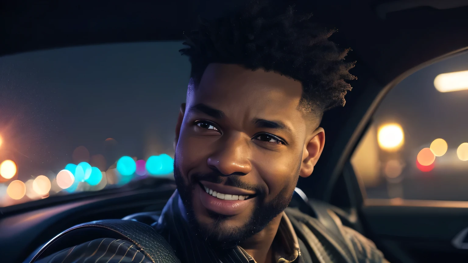 A poor African American man, smiling, driving at night in the city, cinematic lighting, detailed facial features, intricate details, dramatic lighting, intense emotion, vibrant colors, moody atmosphere, photorealistic, 8k, high resolution, masterpiece, ultra-detailed, realistic, physically-based rendering, sharp focus, vivid colors, dramatic, cinematic, atmospheric, emotive