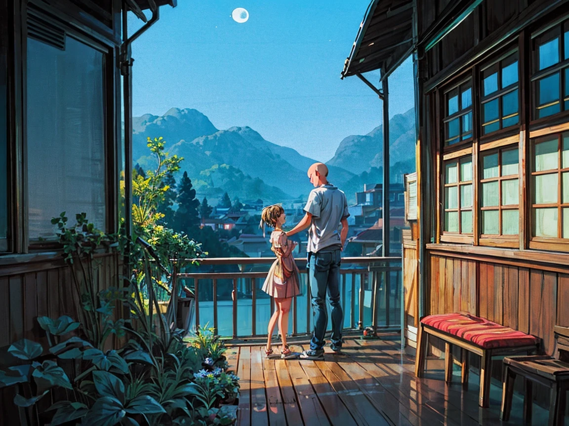 night shot, moon light, 1boy 1 girl, wearing t shirt and jeans, boy with bald head, girl with ponytail, sitting in foldable chairs facing each other, in a balcony. dual coloured sky, moon, wes anderson style, far shot, potted plants in balcony, forest silhoutte in background, far view