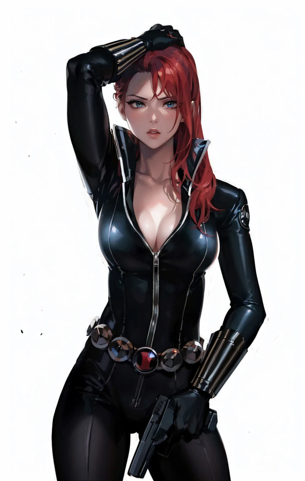 The image features a girl with long, bright red hair, dressed in a sleek skin-tight shiny black latex bodysuit with a deep-cut zipper neckline revealing a large chest, the silver zipper running down the front. The suit is complemented by her iron wrist guard on both wrists and a belt of silver circles around her waist. She holds a gun in each hand in a ready position, while her other hand is touching her hair. The background is white