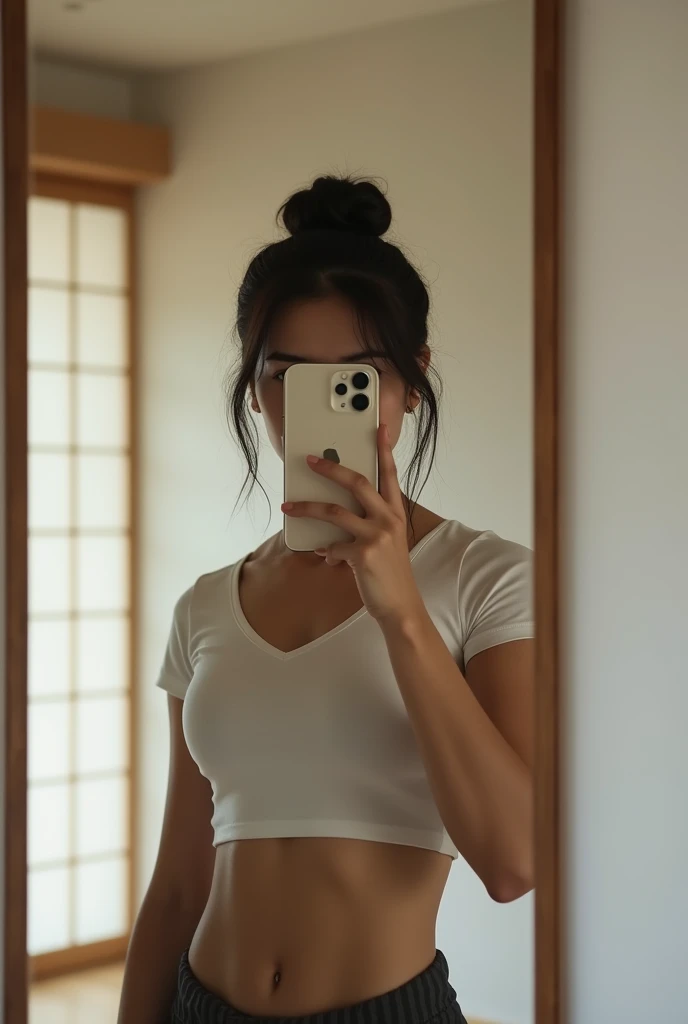 Woman taking a selfie in the mirror、Bun Hairstyle，The iPhone 12 Pro hides his entire face、I can&#39;t see your face、Beautiful woman、Muscular woman, Full Body Shot、Wearing a t-shirt, japanese